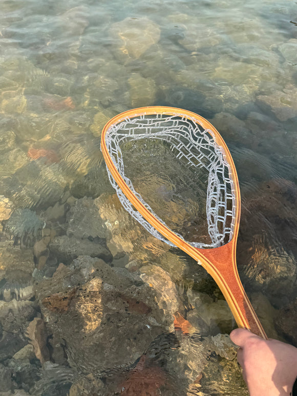 Wooden Trout Landing Net, Soft Rubber Mesh, with Lanyard