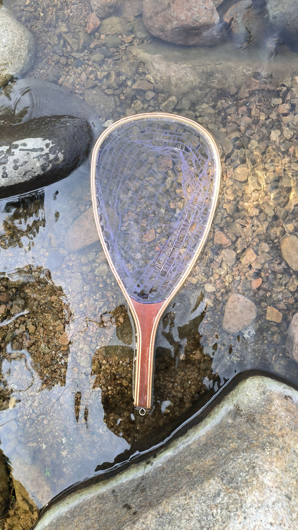 Wooden Trout Landing Net, Soft Rubber Mesh, with Lanyard