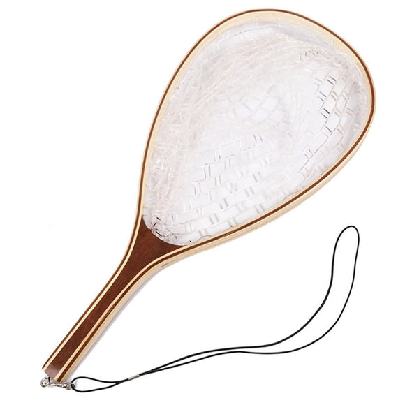 Wooden Trout Landing Net, Soft Rubber Mesh, with Lanyard