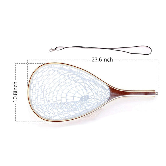 Wooden Trout Landing Net, Soft Rubber Mesh, with Lanyard