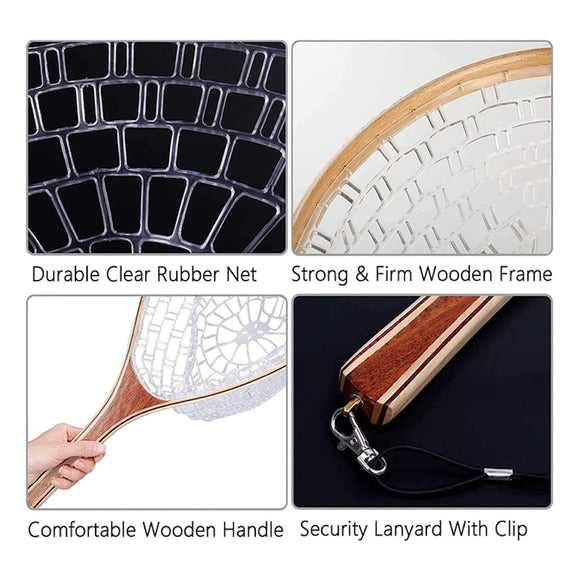 Wooden Trout Landing Net, Soft Rubber Mesh, with Lanyard
