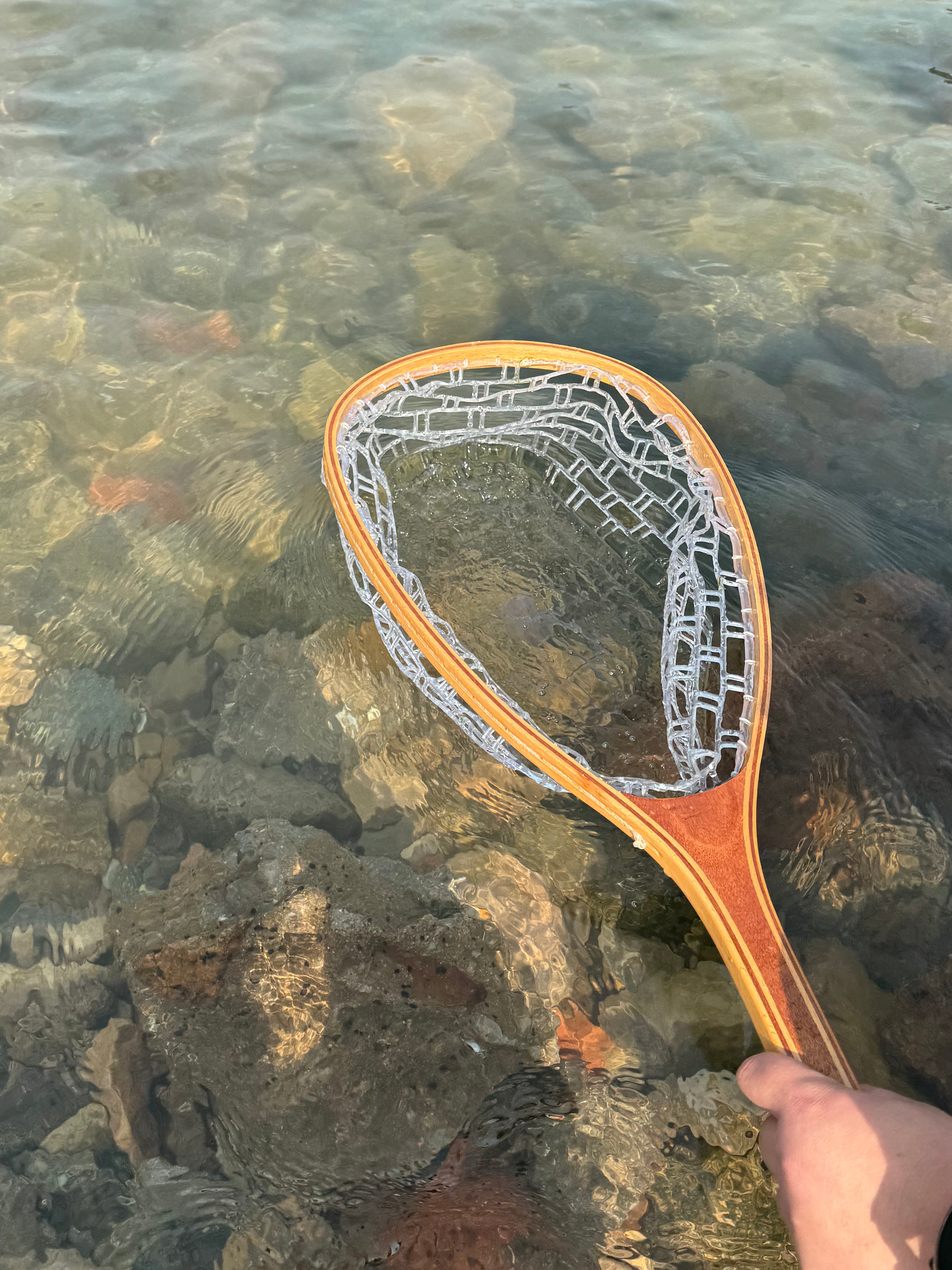 Wooden Trout Landing Net, Soft Rubber Mesh, with Lanyard - 0