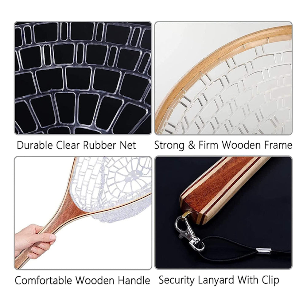 Fishkit Wooden Trout Landing Net, Soft Rubber Mesh, with Lanyard | Fishkit ltd